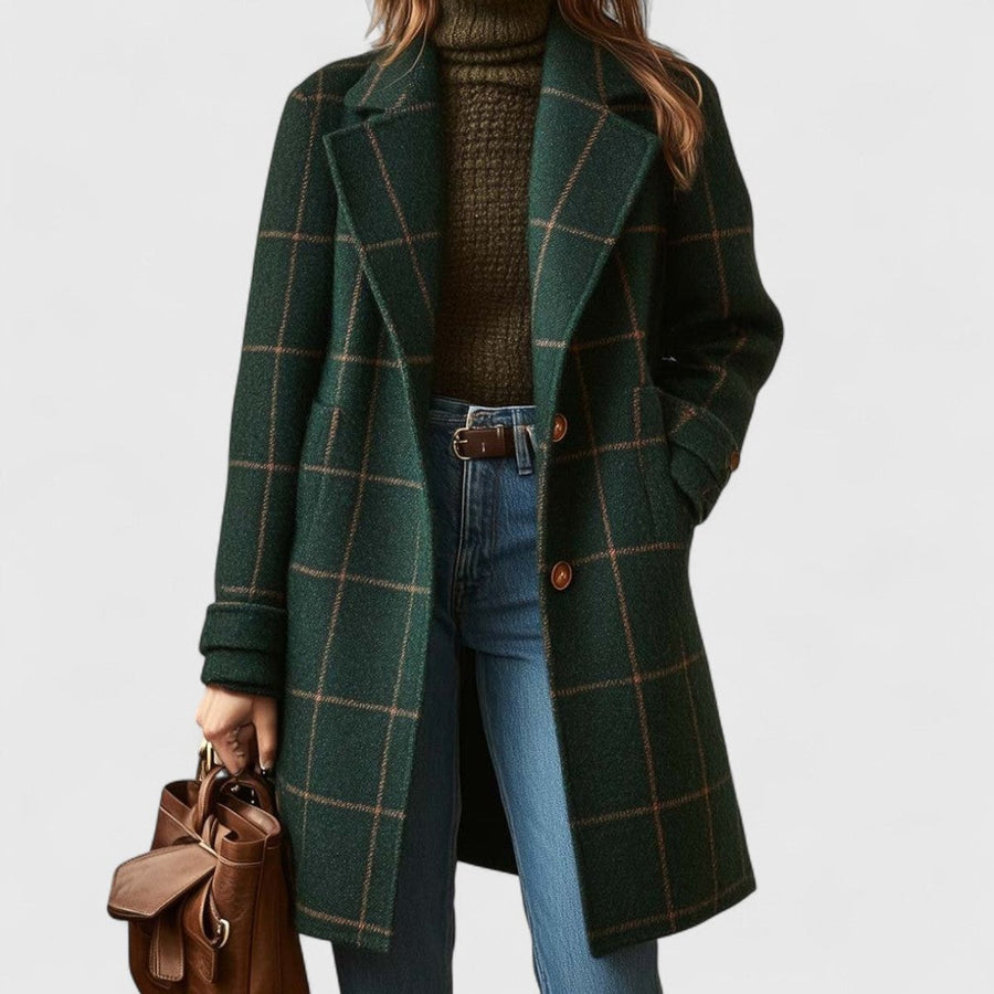Women's Plaid Wool-Blend Longline Coat - Notch Lapel | Autumn - Dark Green