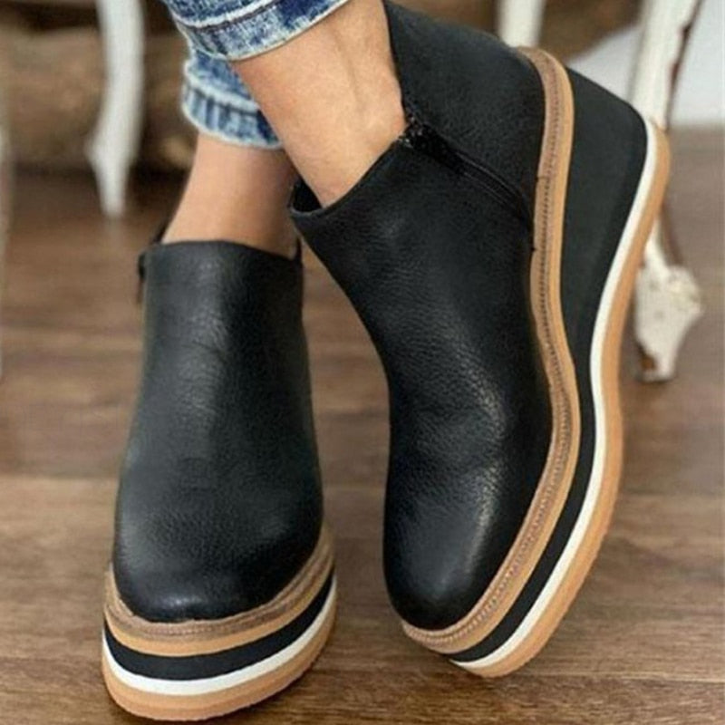 Women's Platform Ankle Boots - Sleek Side Zip Design | Fall - Black