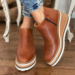 Women's Platform Ankle Boots - Sleek Side Zip Design | Autumn - Dark Brown