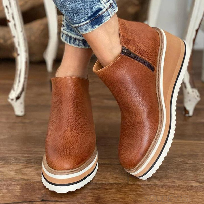 Women's Platform Ankle Boots - Sleek Side Zip Design | Fall - Dark Brown