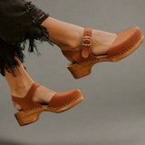 Women's Platform Clogs Wooden Heel Closed Toe - Retro Ankle Strap - Brown