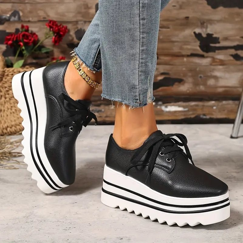 Women's Platform Oxford Sneakers Lace Up Wedge - Beige | Spring - Black