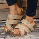 Women's Platform Slide Sandals - Crossover Strap Design | Summer - Beige