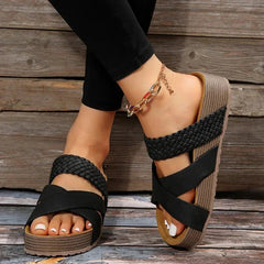 Women's Platform Slide Sandals - Crossover Strap Design | Summer - Black