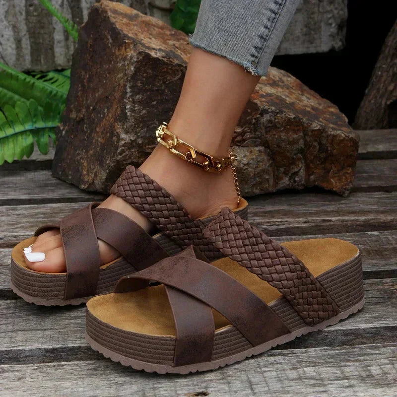 Women's Platform Slide Sandals - Crossover Strap Design | Summer - Brown