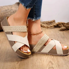Women's Platform Slide Sandals - Crossover Strap Design | Summer