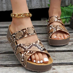Women's Platform Slide Sandals - Crossover Strap Design | Summer - Snake Print