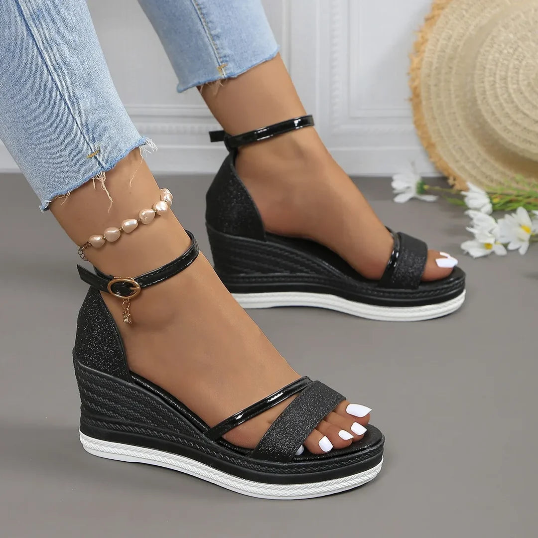 Women's Platform Wedge Strap Sandals - Metallic Summer Style - Black