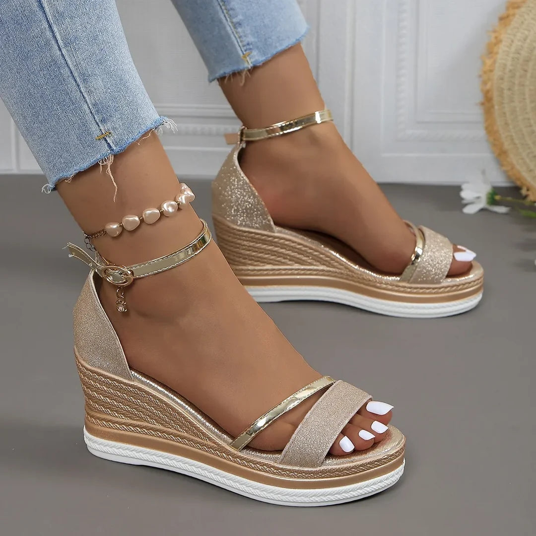 Women's Platform Wedge Strap Sandals - Metallic Summer Style - Gold
