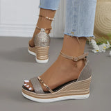 Women's Platform Wedge Strap Sandals - Metallic Summer Style - Rose Gold