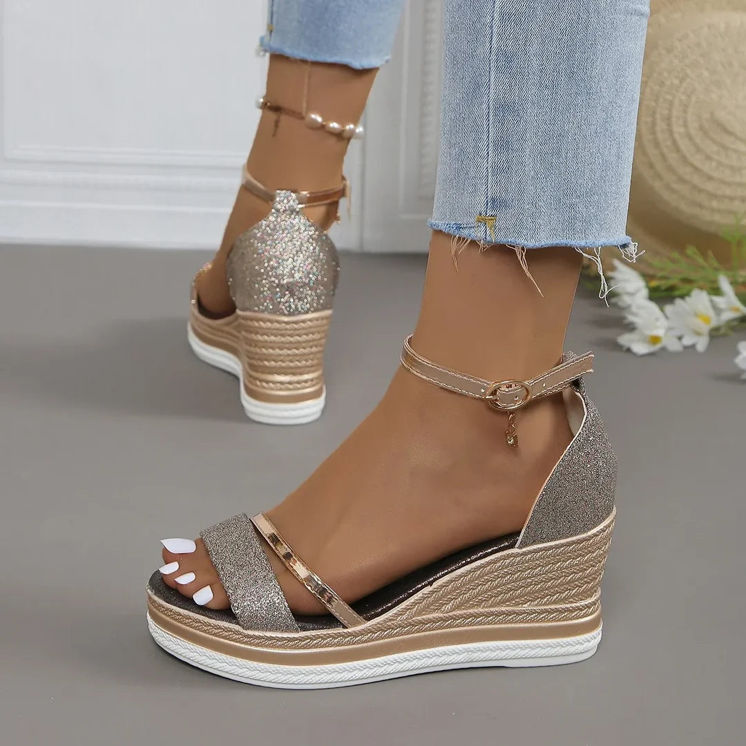 Women's Platform Wedge Strap Sandals - Metallic Summer Style - Rose Gold