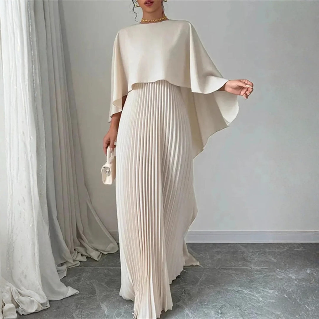 Women's Pleated Cape Maxi Dress - Elegant Wedding Guest | Spring - Beige