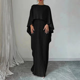 Women's Pleated Cape Maxi Dress - Elegant Wedding Guest | Spring - Black