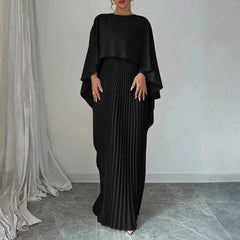 Women's Pleated Cape Maxi Dress - Elegant Wedding Guest | Spring - Black