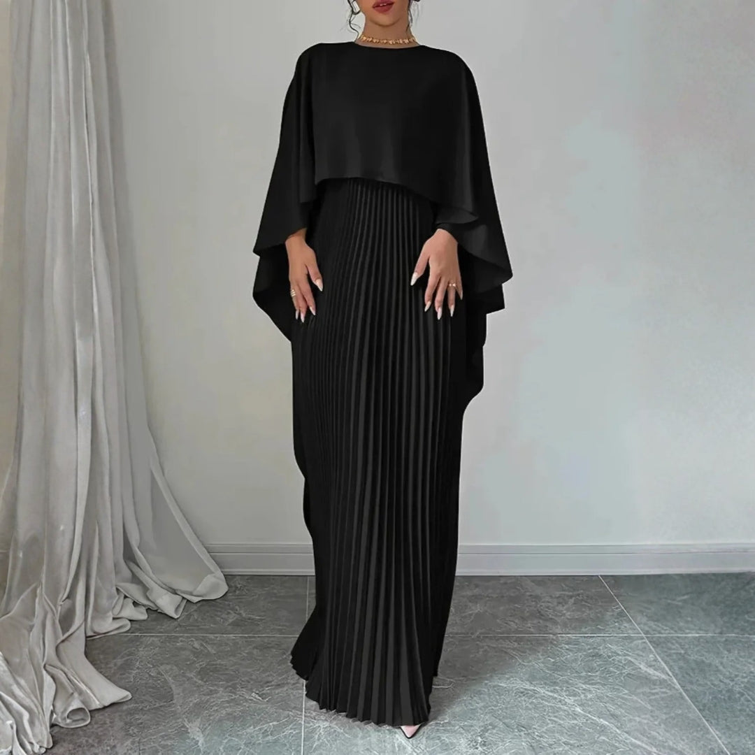 Women's Pleated Cape Maxi Dress - Elegant Wedding Guest | Spring - Black