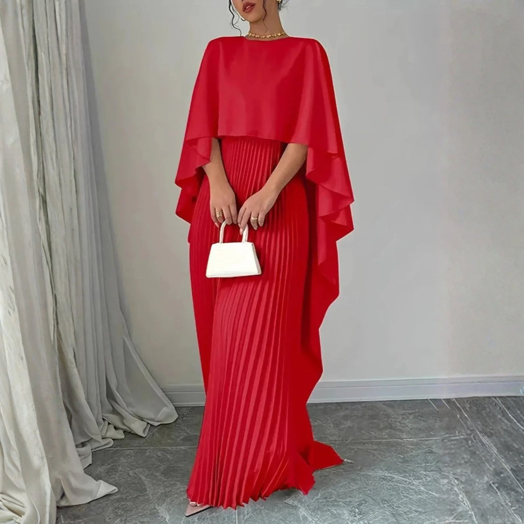 Women's Pleated Cape Maxi Dress - Elegant Wedding Guest | Spring - Red