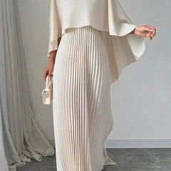 Women's Pleated Cape Maxi Dress - Wedding Guest Formal | Spring - Beige