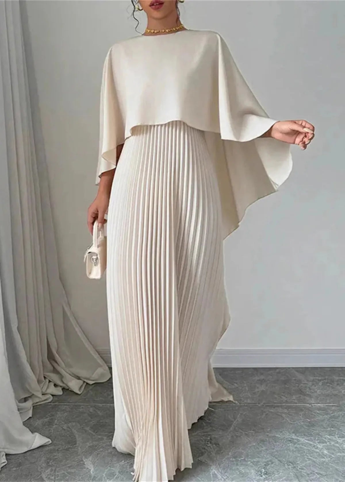 Women's Pleated Cape Maxi Dress - Wedding Guest Formal | Spring - Beige