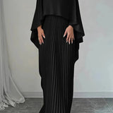 Women's Pleated Cape Maxi Dress - Wedding Guest Formal | Spring - Black