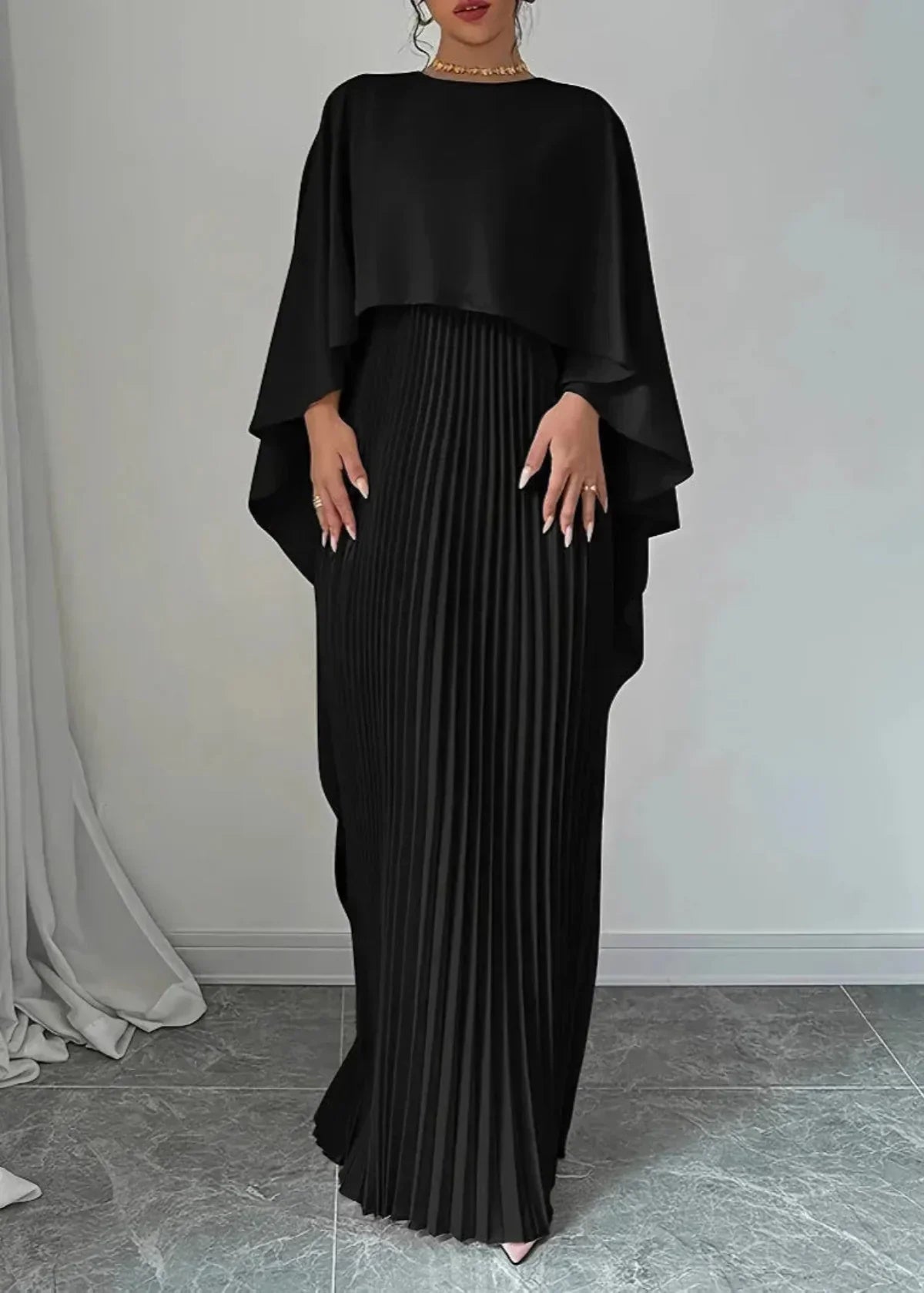 Women's Pleated Cape Maxi Dress - Wedding Guest Formal | Spring - Black