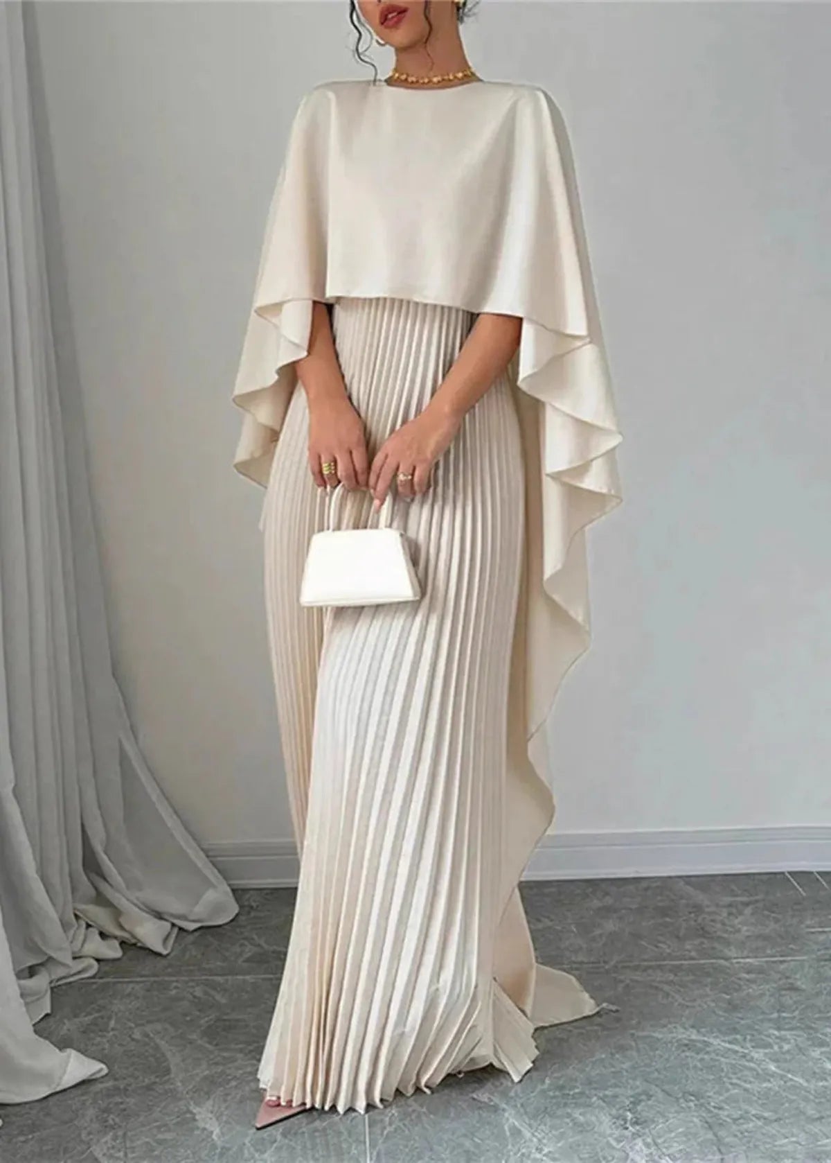 Women's Pleated Cape Maxi Dress - Wedding Guest Formal | Spring