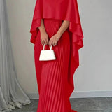 Women's Pleated Cape Maxi Dress - Wedding Guest Formal | Spring - Red