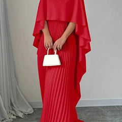 Women's Pleated Cape Maxi Dress - Wedding Guest Formal | Spring - Red