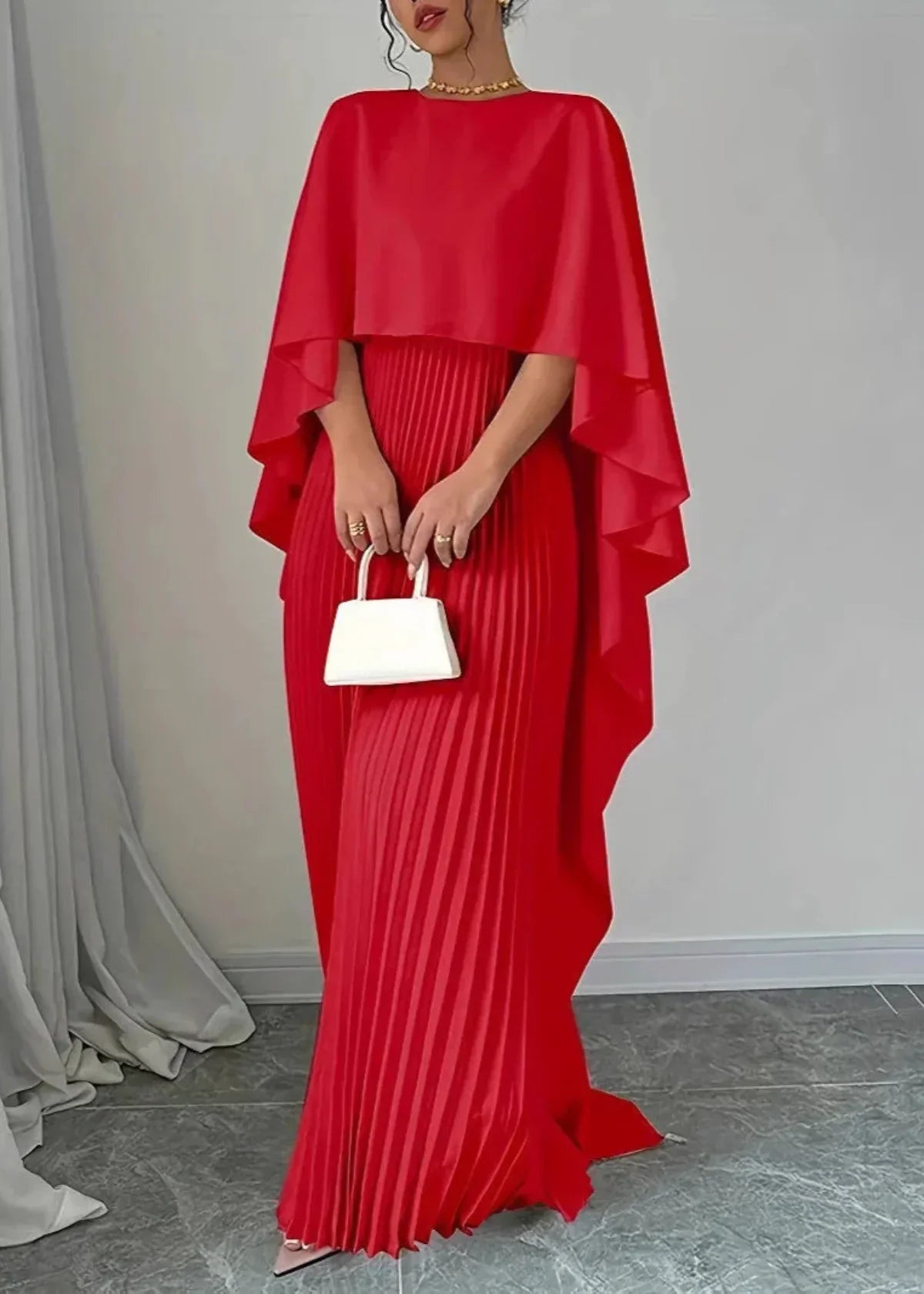 Women's Pleated Cape Maxi Dress - Wedding Guest Formal | Spring - Red