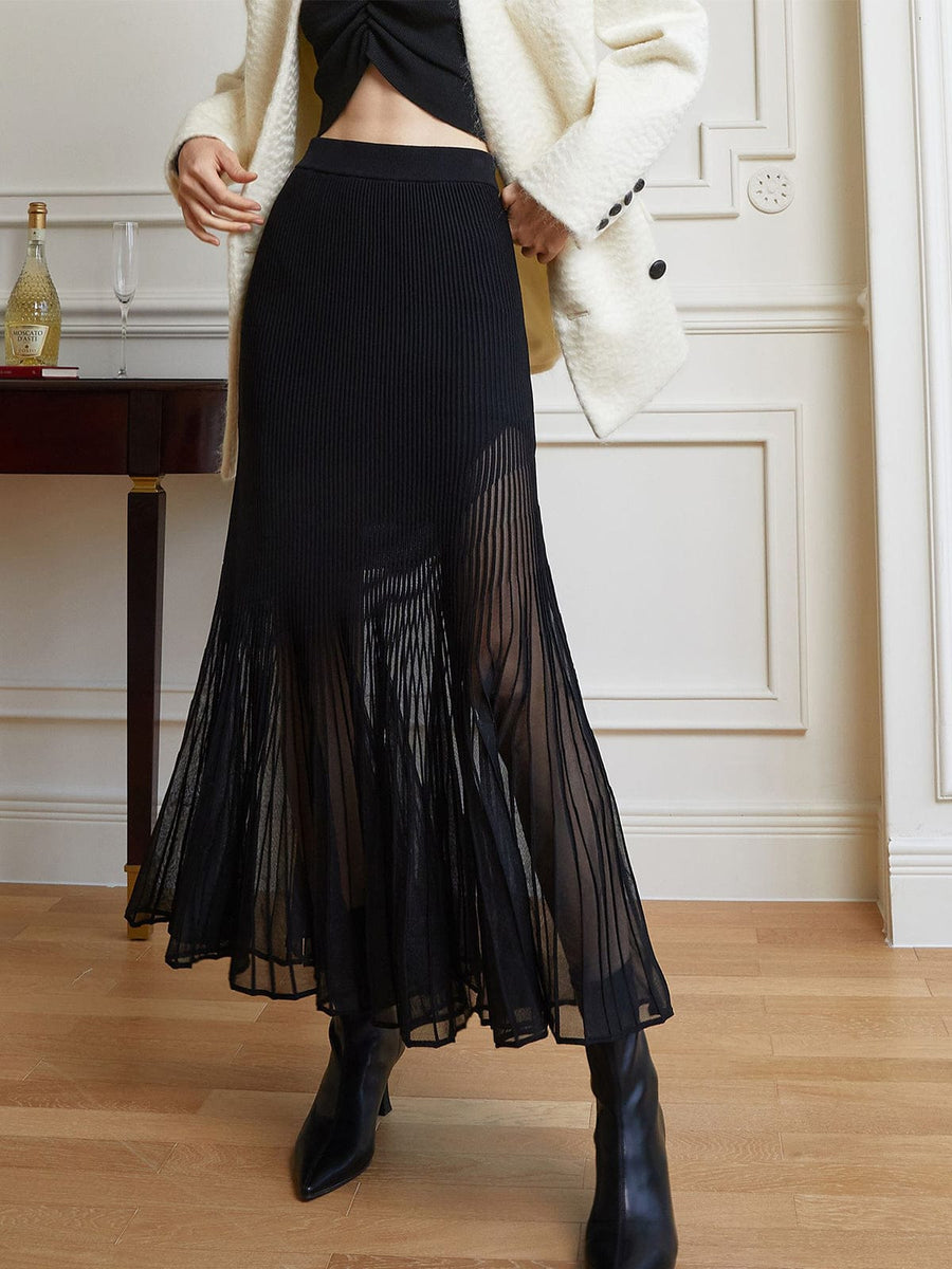 Women's Pleated Chiffon Midi Skirt - Elegant High-Waist A-Line - Black