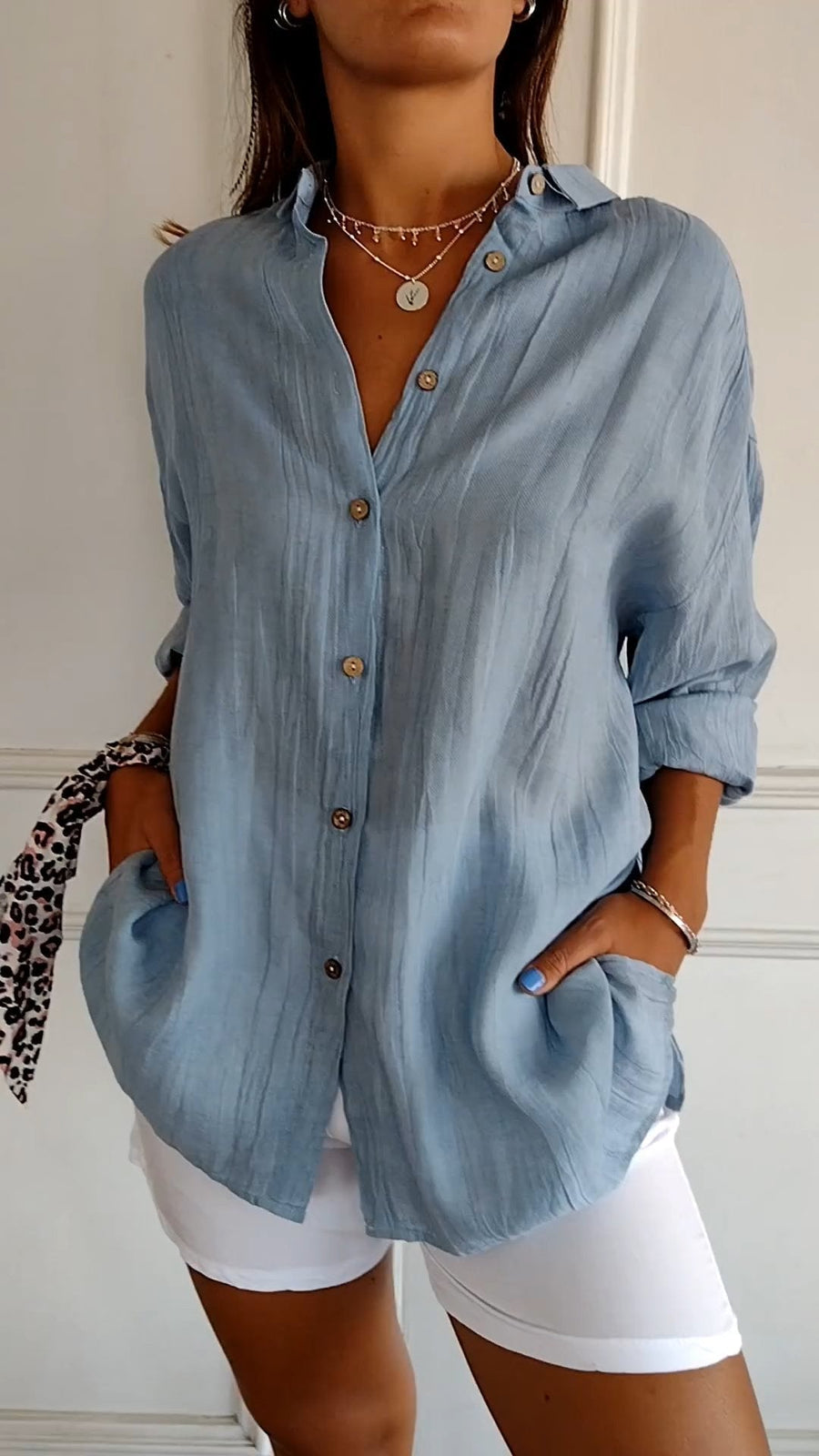 Women's Pleated Elegant Shirt - Timeless Button-Up Blouse | Spring - Blue