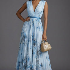 Women's Pleated Floral V-Neck Midi Dress - Mother of the Bride - Blue