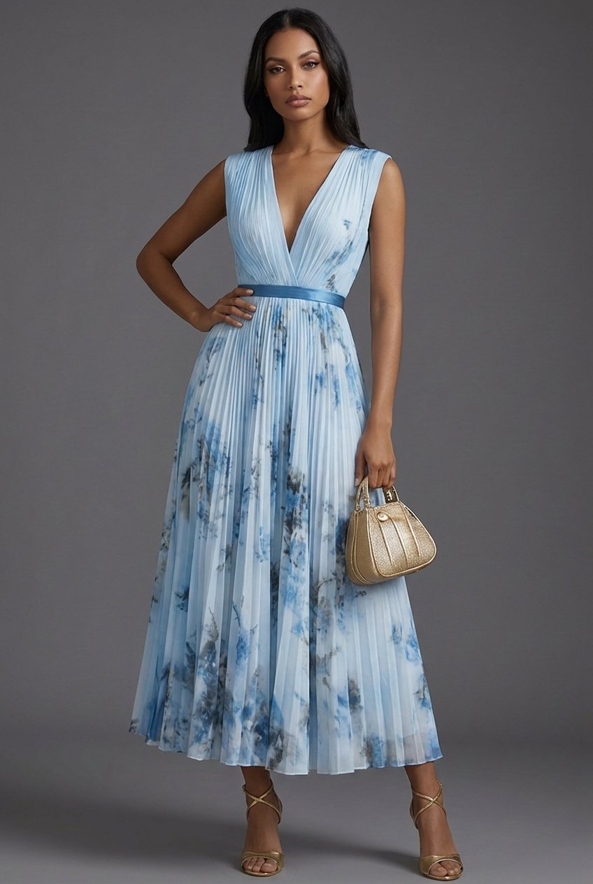 Women's Pleated Floral V-Neck Midi Dress - Mother of the Bride - Blue