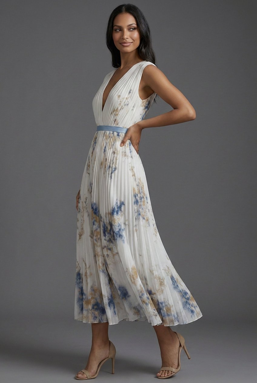 Women's Pleated Floral V-Neck Midi Dress - Mother of the Bride