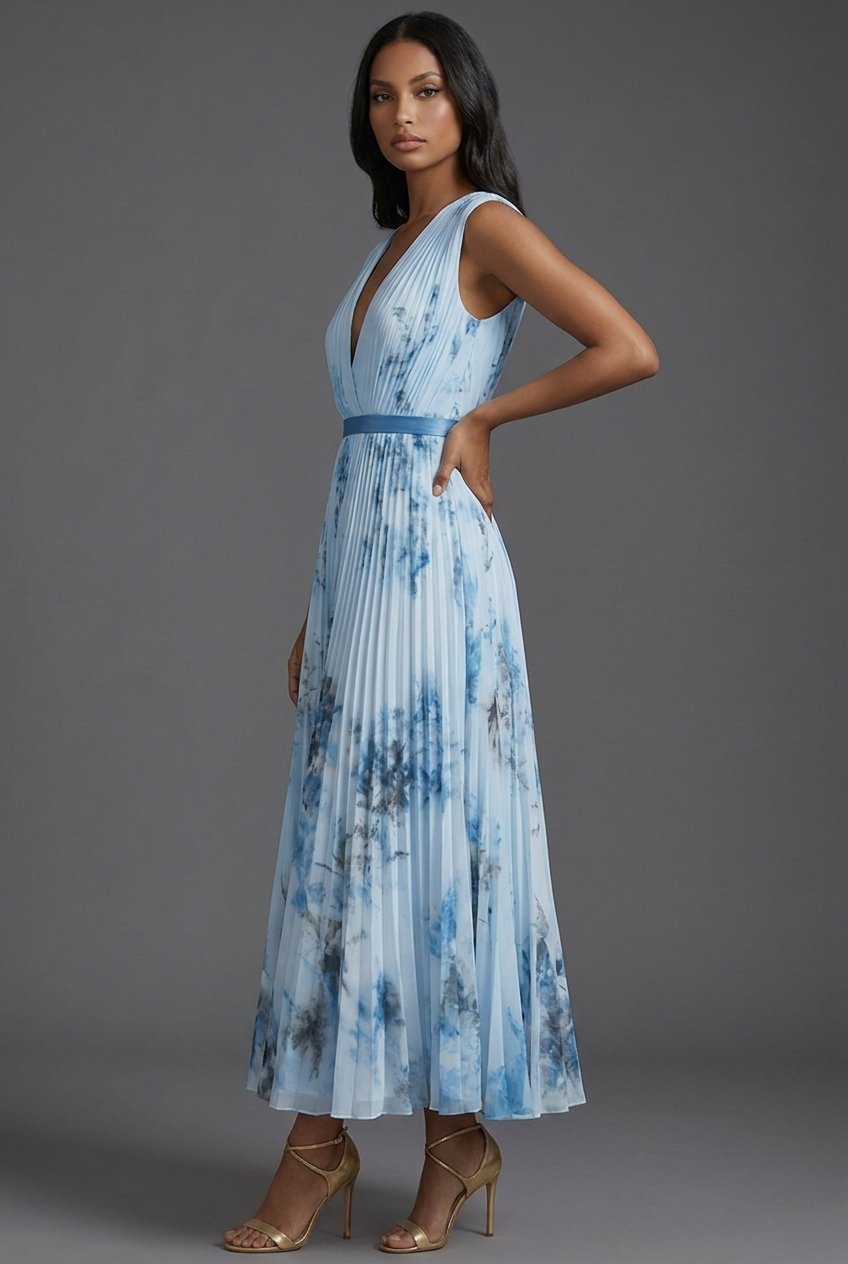 Women's Pleated Floral V-Neck Midi Dress - Mother of the Bride