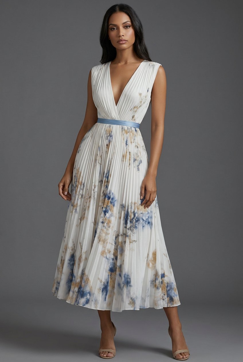 Women's Pleated Floral V-Neck Midi Dress - Mother of the Bride