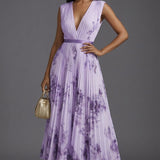 Women's Pleated Floral V-Neck Midi Dress - Mother of the Bride - Purple