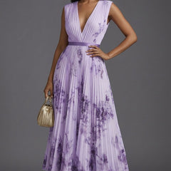 Women's Pleated Floral V-Neck Midi Dress - Mother of the Bride - Purple