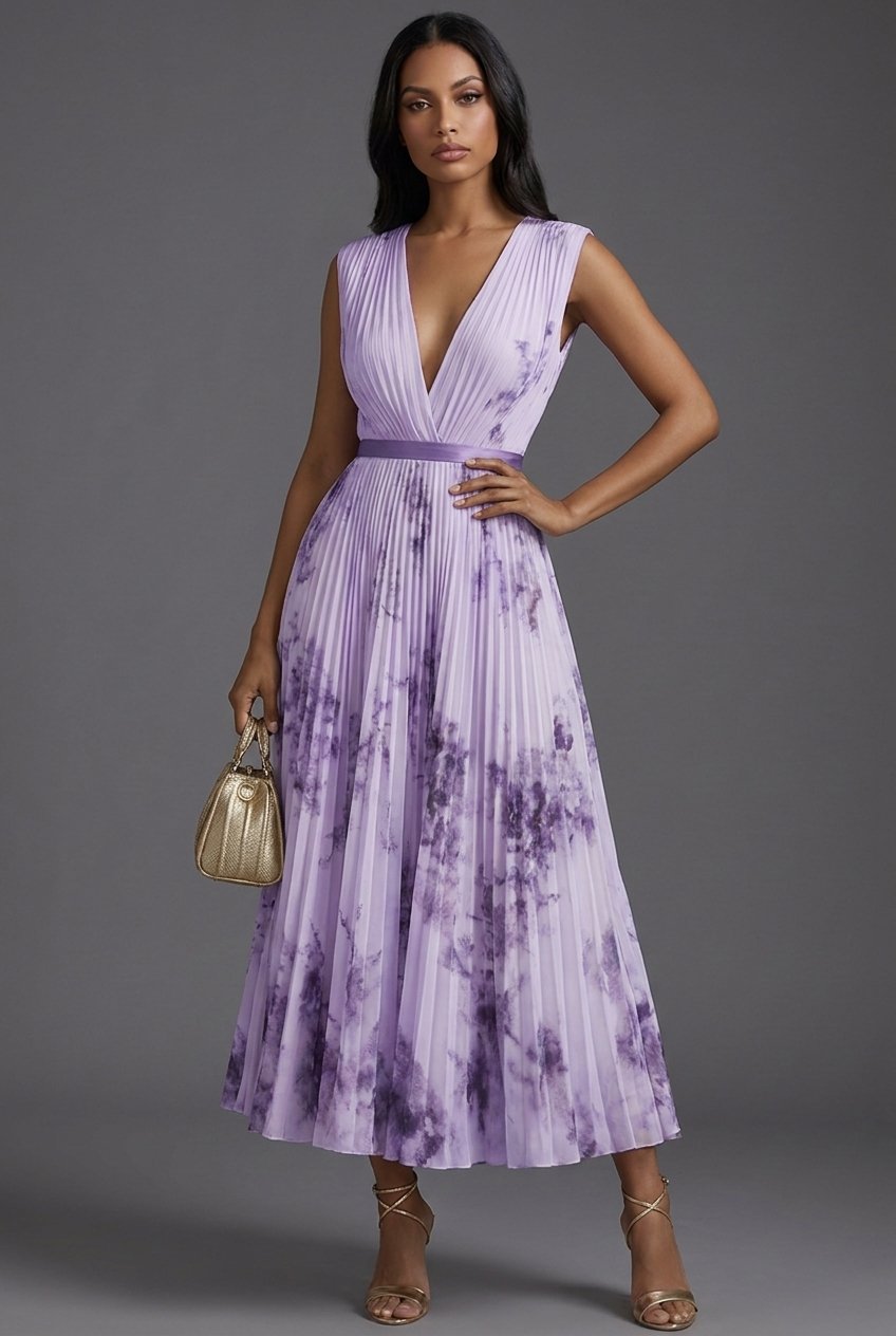 Women's Pleated Floral V-Neck Midi Dress - Mother of the Bride - Purple