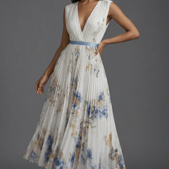 Women's Pleated Floral V-Neck Midi Dress - Mother of the Bride - White
