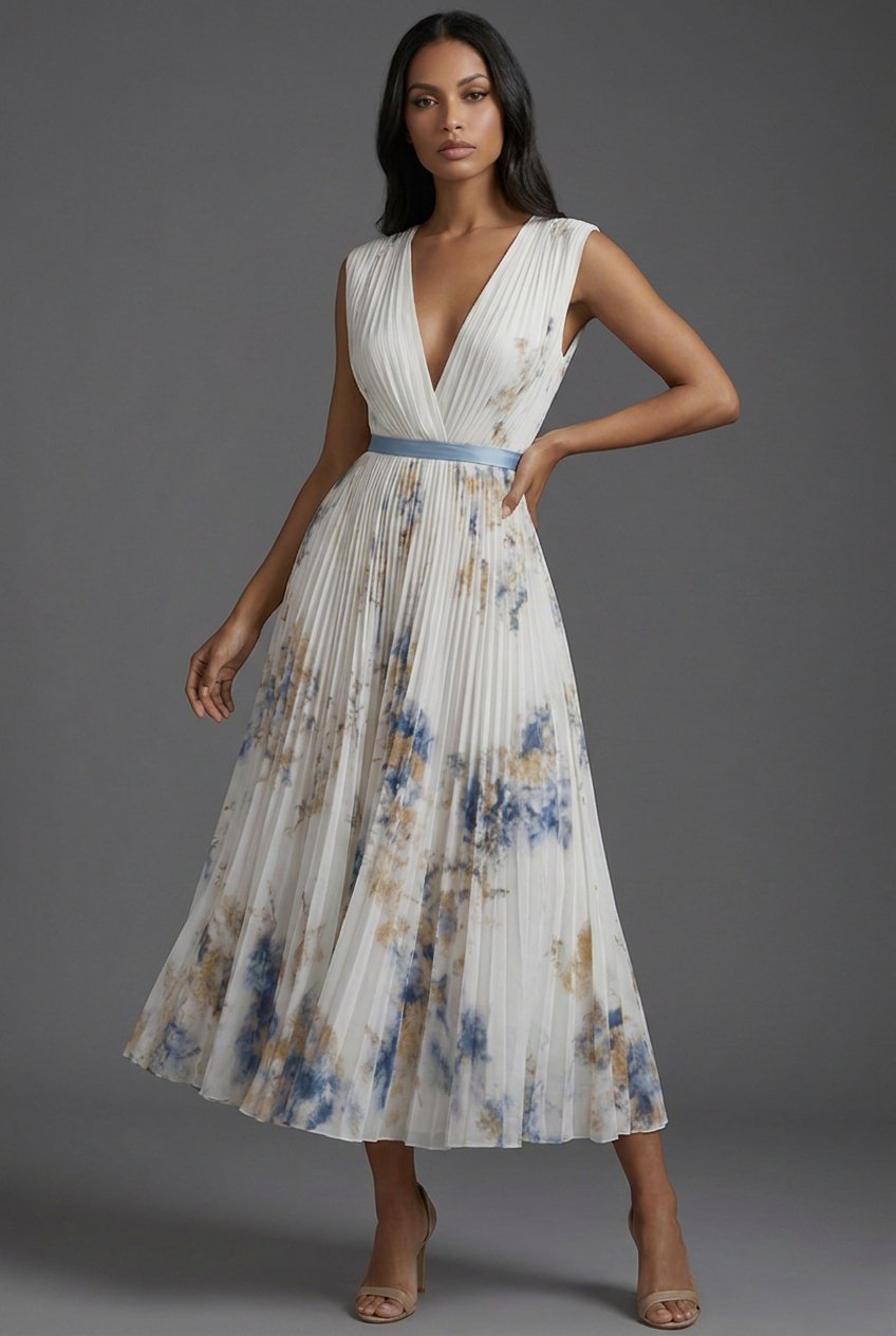 Women's Pleated Floral V-Neck Midi Dress - Mother of the Bride - White