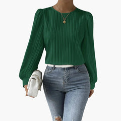 Women's Pleated Long-Sleeve Blouse | Round Neck | Spring - Green