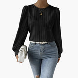 Women's Pleated Long-Sleeve Blouse | Round Neck | Spring - Navy
