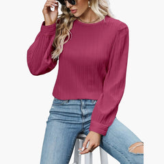 Women's Pleated Long-Sleeve Blouse | Round Neck | Spring - Pink