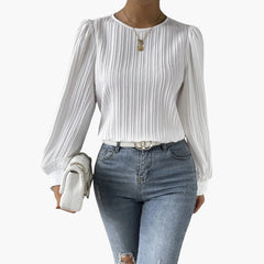Women's Pleated Long-Sleeve Blouse | Round Neck | Spring - White