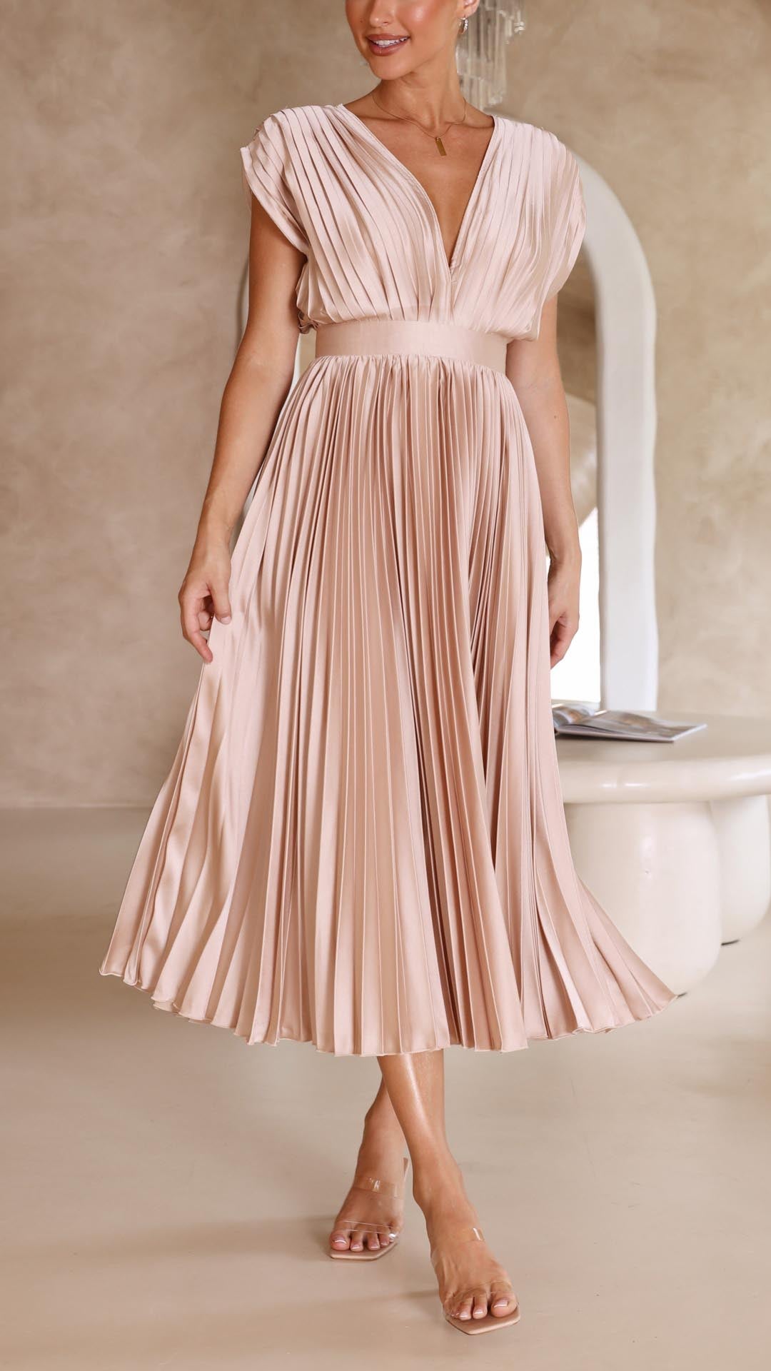Women's Pleated Maxi Dress - Classic Elegance | Spring - Champagne