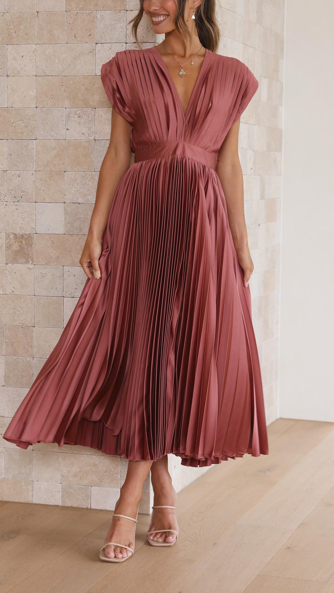 Women's Pleated Maxi Dress - Classic Elegance | Spring - Dusty Rose