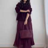 Women's Pleated Midi Skirt Set - Burgundy Knit Two-Piece | Autumn - Burgundy