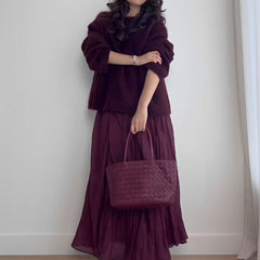 Women's Pleated Midi Skirt Set - Burgundy Knit Two-Piece | Autumn - Burgundy