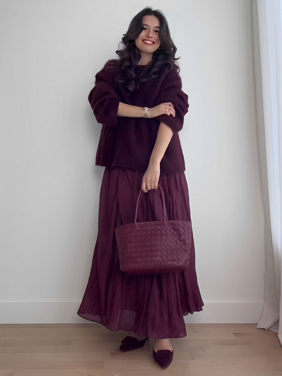 Women's Pleated Midi Skirt Set - Burgundy Knit Two-Piece | Fall - Burgundy