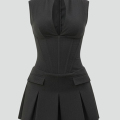 Women's Pleated Mini Dress with Plunge Neckline | Autumn